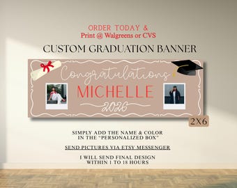 Pancarta de graduación personalizada con fotos, pancarta de graduación imprimible personalizada, decoración para la promoción de 2026, impresión en Walgreens CVS (descarga digital)