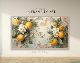 Marco de fotos de cumpleaños con limoncello para TV / Protector de pantalla digital con decoración floral de limones para fiestas, fondo de pantalla de verano / Ilustración para Smart TV Samsung 4K