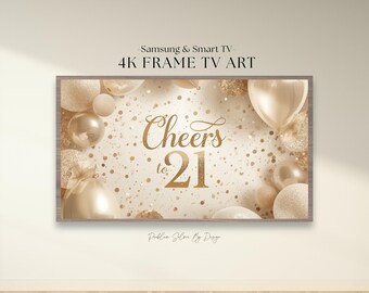 Marco para TV de cumpleaños número 21, decoración para fiesta "Brindemos por los 21", pantalla dorada para TV, fondo de pantalla color champán (descarga instantánea en formato JPEG 4K).