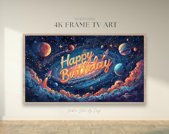 Feliz cumpleaños Nave espacial Samsung Frame TV Arte: Decoración de fiesta cósmica (Descarga digital 4K JPEG) Cumpleaños espacial galáctico