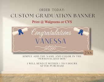 Pancarta de graduación personalizada para imprimir, letrero de graduación personalizado, pancarta de la promoción de 2026, pancarta para imprimir de Walgreens CVS