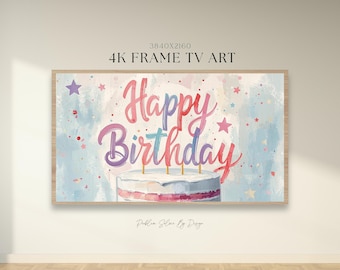 Tarta de cumpleaños con diseño artístico, decoración de fiesta en tonos pastel, pantalla para televisor Samsung Frame (descarga digital)