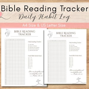 Może przedstawiać: Biały tracker czytania Biblii z tekstem "Bible Reading Tracker Daily Habit Log" i "A4 Size & US Letter Size". Tracker zawiera sekcje do codziennego czytania i sumy przeczytanych książek, z cytatem z Psalmu 139:14.