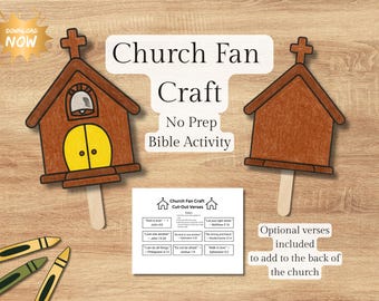 Manualidad en blanco para niños: abanico de la iglesia cristiana / Actividad imprimible para niños / Escuela dominical, educación en casa y escuela bíblica de verano. Descarga instantánea. Incluye versículos bíblicos.