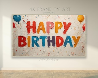 Marco colorido para TV Samsung de feliz cumpleaños: pintura al óleo para decorar fiestas (descarga digital 4K JPEG)