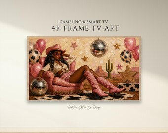 Marco de TV con diseño de vaquera disco / Decoración de cumpleaños rosa / Estética glamurosa del oeste / Decoración para despedida de soltera / Pantalla de TV Samsung Frame 4K