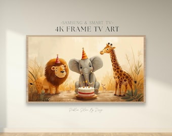 Feliz cumpleaños niños. Diseño de Samsung Frame TV con temática de animales de safari: pintura al óleo Wild One, decoración para fiestas en la jungla (descarga digital 4K JPEG).