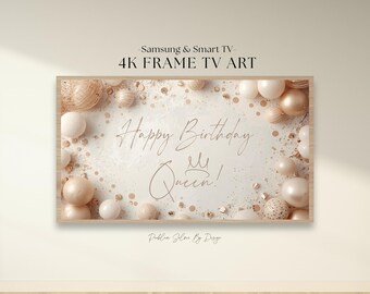 Feliz cumpleaños, reina. Marco de TV Samsung, decoración neutra y bonita para fiestas, fondo de TV con estética femenina y pantalla 4K (descarga instantánea en formato JPEG 4K).