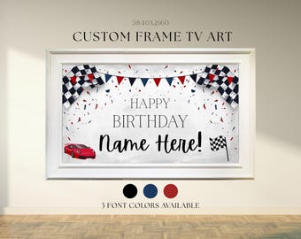 Letrero de cumpleaños de coche de carreras personalizado para TV, decoración personalizada para fiesta de carreras infantil, marco de feliz cumpleaños con nombre, arte para TV, descarga