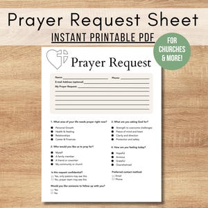 May include: A printable prayer request sheet titled "Prayer Request Sheet". It features sections for personal details and prayer requests, with checkboxes for prayer needs and feelings. The text "FOR CHURCHES & MORE!" is also visible on the sheet.