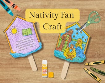May include: Two colorful Nativity fan crafts with popsicle stick handles. One features a sun, an open book, and text. The other depicts the Nativity scene. The image includes crayons, scissors, and glue.