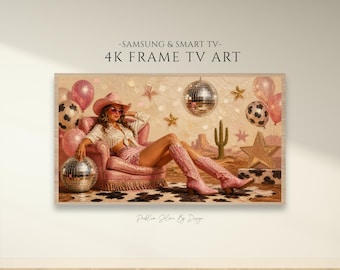 Marco de TV con diseño de vaquera disco / Decoración de cumpleaños rosa / Estética glamurosa del oeste / Decoración para despedida de soltera / Pantalla de TV Samsung Frame 4K