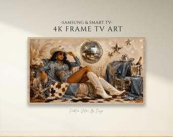 Cuadro decorativo para TV con diseño de vaquera vaquera / Decoración estilo western glamuroso / Estética vaquera disco / Cuadro decorativo para TV Samsung / Arte de pared para TV con diseño de chica campestre 4K