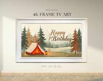 Marco para Samsung TV 4K con temática de bosque, naturaleza y acampada, ideal para decorar fiestas (descarga instantánea)