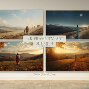 May include: Set of four framed landscape art prints. Each print depicts a person walking on a path through a field. The scenes include daytime, sunset, and nighttime views. The text "4K FRAME TV ART SET OF 4" is visible.