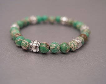 Green Ocean Jasper and Silver Bead Elastic Bracelet