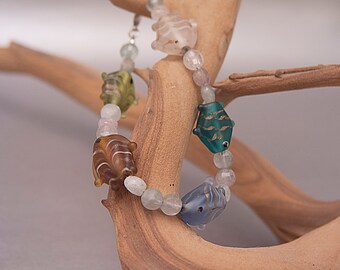 Lampwork Multi-Colored Fish and Fluorite Faceted Bead Bracelet