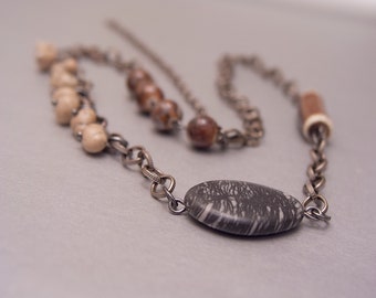 Black Veined Jasper, Tigerseye, Sonora Dendritic Rhyolite and Mixed Metal Necklace ... Boho ... Hippie