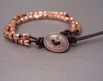 Bronze Metal Faceted Bead on Brown Greek Leather Cord Bracelet