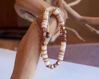 Natural Shell and Bronze Metal Bead Adjustable Bracelet