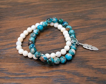 Imperial Jasper and Shell Elastic Bracelet with Silver Feather Charm