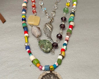 Multi-Color Gemstone, Trade Bead, Czech Crystal, Silver, Leather Necklace