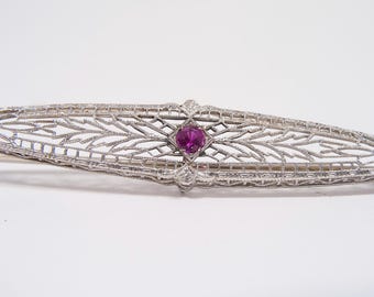 14K White Gold Filigree and Ruby Art Deco 1920s Bar Pin