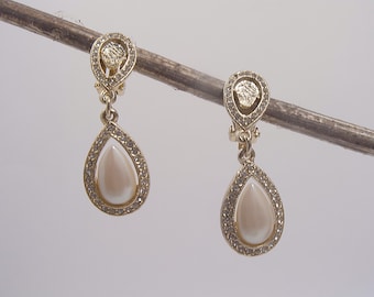 Goldtone, Rhinestone and Faux Pearl Drop Clip Earrings