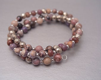 Purple Rhodonite Stone and Goldluster Hematite Stone Memory Wire Bracelet