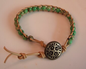 Green Ocean Jasper and Natural Leather Cord Wrap Bracelet