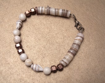 Natural Shell and Bronze Metal Bead Bracelet
