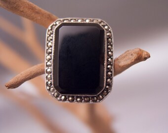 Sterling Silver Black Onyx and Marcasite Ring
