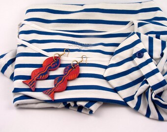 Blue and Red Hand Painted Wooden Fish Drop Earrings, Pierced