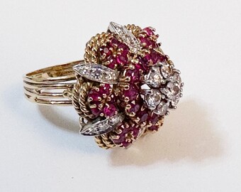 18Kt Gold Ruby and Diamond Cocktail Statement Ring, Size 7.75