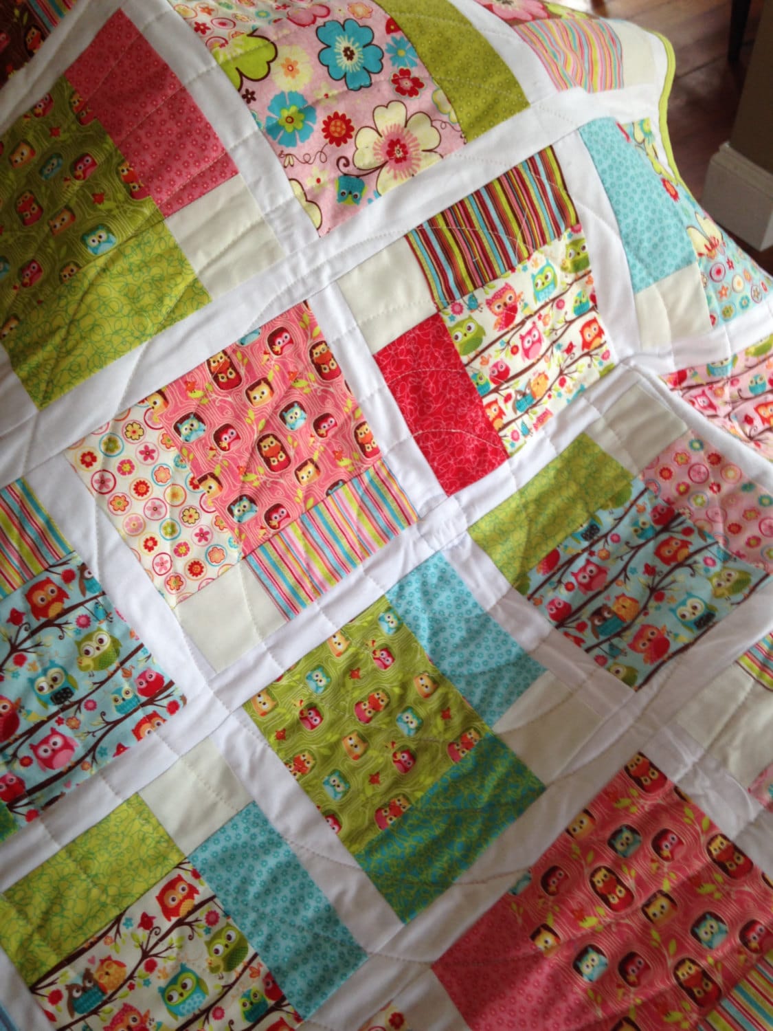 Handmade Baby Girl Owl Quilt: Cotton Flannel Crib Quilt