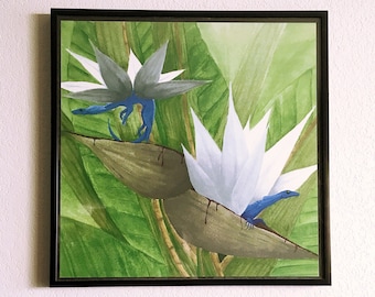 Flower Dragons : White Bird of Paradise ; Strelitzia Nicolai - Original Watercolor Print on Felt Weave Paper