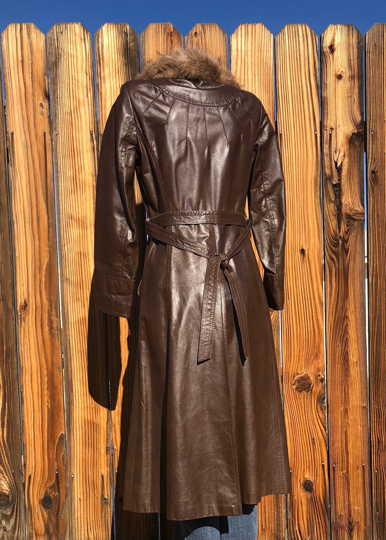 Dark Brown Long Leather Duster Jacket Coat Fur Collar | Etsy