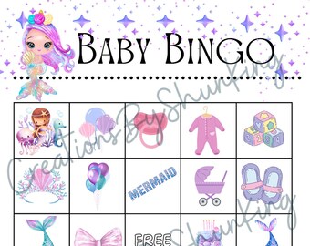 Mermaid Bingo/Baby shower games/Mermaid theme/instant download/printable/baby shower/girl games/purple baby shower/under the sea