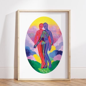 May include: A framed print of a colorful illustration depicting two figures, one red and one blue, standing side-by-side in a circular frame. The figures are surrounded by a vibrant background of yellow, pink, and green.