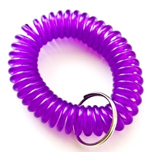 Può includere: Un braccialetto a spirale viola con un portachiavi argentato. Il braccialetto è realizzato in un materiale plastico flessibile e trasparente. Il portachiavi è circolare e realizzato in metallo color argento. La spirale è progettata per essere indossata al polso.