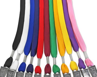 100 Flat Polyester ID Lanyards: Bulldog Clip, 11 Colors