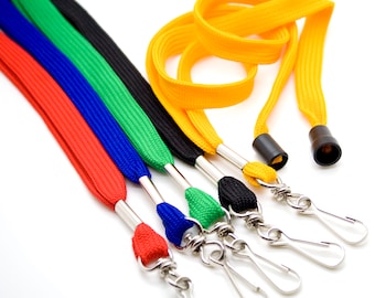 May include: Five colorful lanyards with silver swivel clips. The lanyards are red, blue, green, black, and yellow.