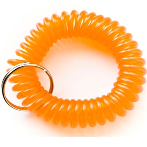 Può includere: Portachiavi retrattile arancione con un anello di metallo. Il portachiavi è realizzato in un materiale flessibile e avvolto.