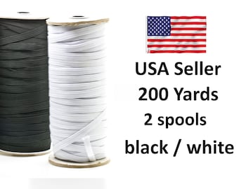 Thin Elastic Band Trim: 1/4 Inch, Black or White, 200 Yards