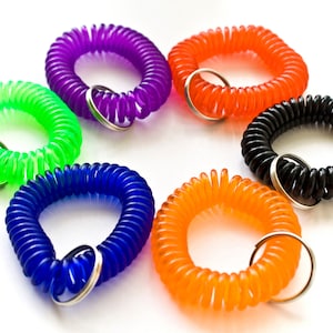 May include: Six colourful coiled keyrings with metal rings. The keyrings are in the colours green, purple, black, blue, orange, and orange.