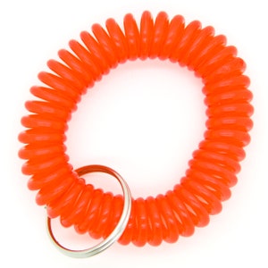 Può includere: Un portachiavi retrattile di colore arancione brillante con un anello in metallo argentato. Il portachiavi è realizzato in materiale plastico a spirale.