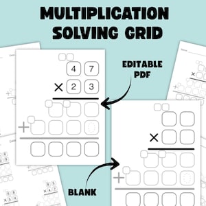 May include: White multiplication solving grid worksheets with the text "MULTIPLICATION SOLVING GRID" and "EDITABLE PDF" and "BLANK". The worksheets have multiplication problems and a grid for solving. A blue bird logo is in the upper right corner.