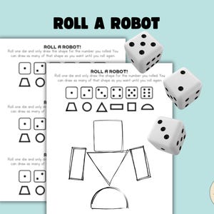 May include: A printable "Roll a Robot" game with instructions and a robot outline. The game includes dice and shapes to draw. The text "Roll a Robot" is at the top. A Lil Birdy logo is in the bottom right corner.