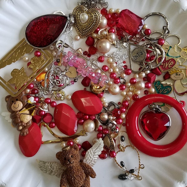 Valentine jewelry lot, junk jewelry lot, heart jewelry lot, recycled jewelry lot, jewelry supplies, crafting supplies, scrapbooking or art