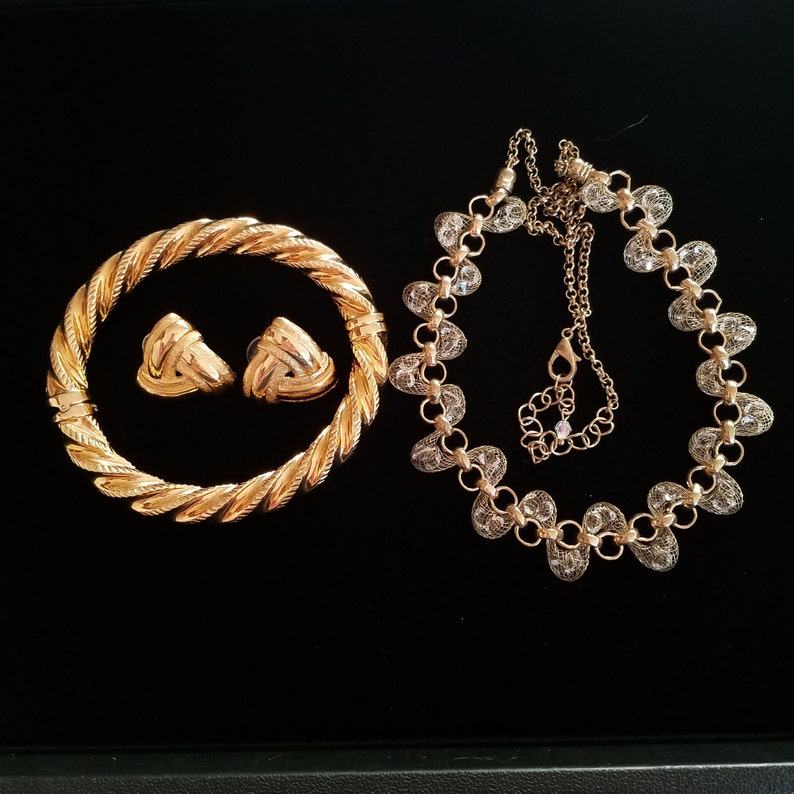 vintage mesh necklace Monet pierced earrings retro jewelry clamper braceelet Goldtone junk jewelry lot